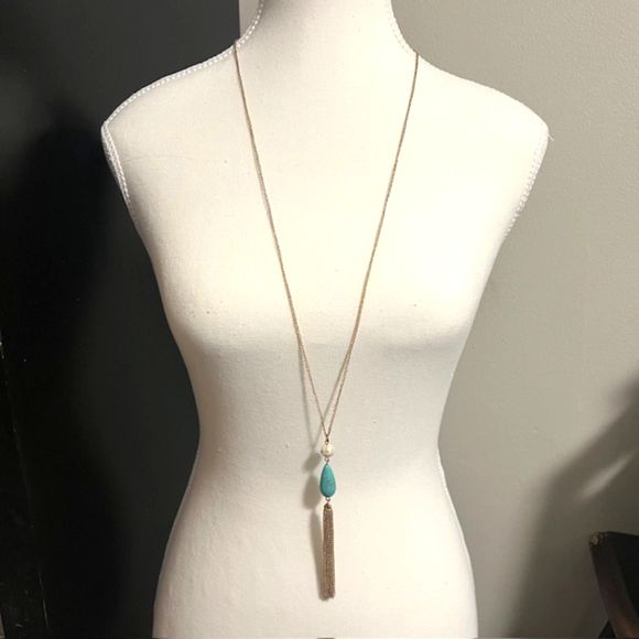 Long Gold Tone Chain Necklace Faux Pearl Turquoise Teardrop Tassel Pendant - Picture 1 of 5